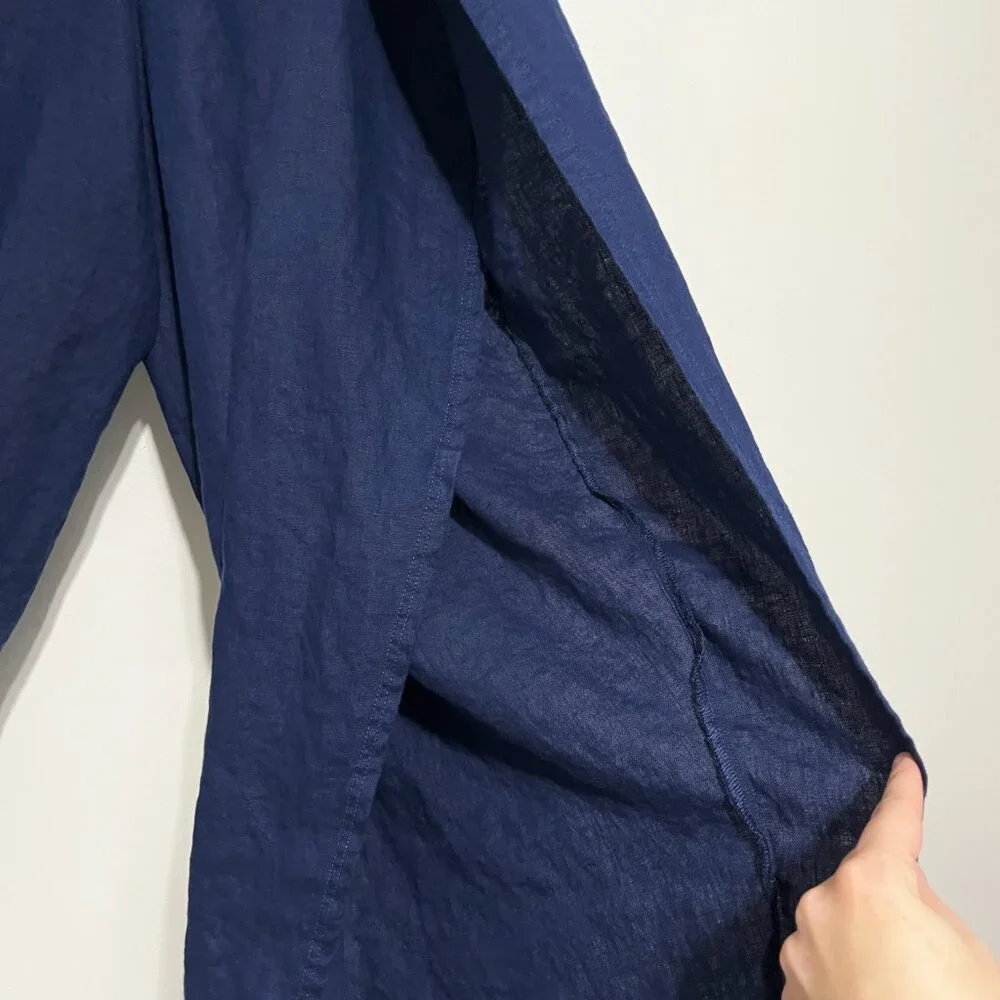 Lands End Womens Wide Leg Linen Pants 1X Coastal Navy Blue Open Side Tie Front